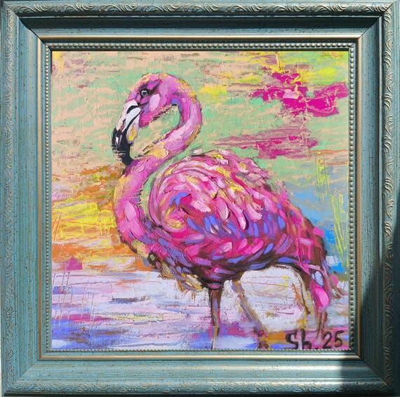 Flamingo Original Framed, Pink Bird Oil Paint...
