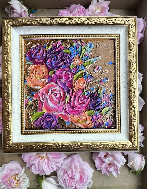 Roses Oil Painting, Lover Flowers Impasto, Pi...