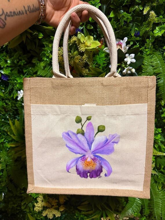 Handpainted Orchid canvas tote bag...