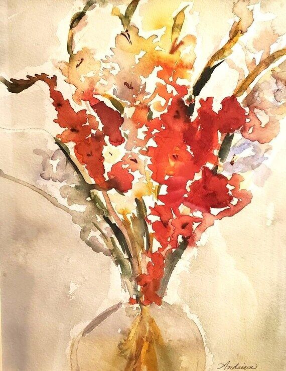 Watercolor Flowers in Vase Print - Gray and B...