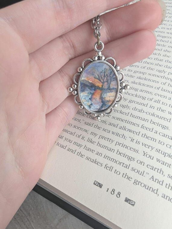 Winter Lake Sunset Painting Pendant Necklace,...