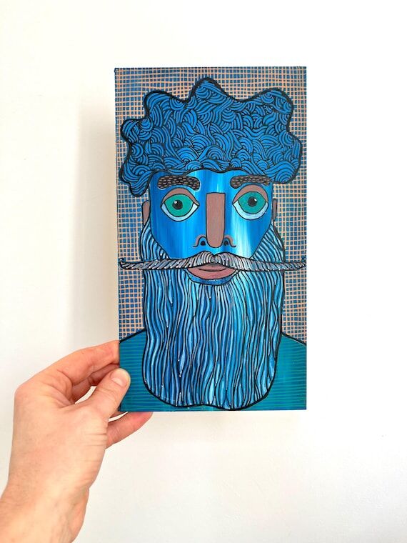 Small fun acrylic painting of a Man with Larg...