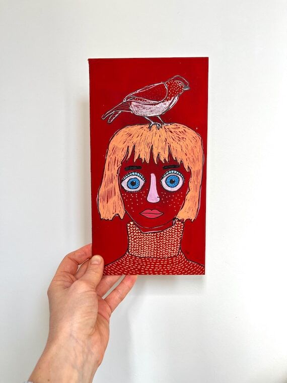 Small acrylic painting of a Girl with a bird,...