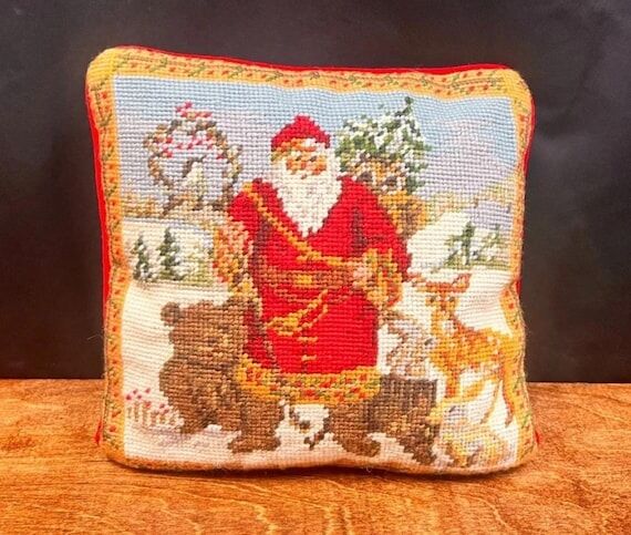 Vintage Needlepoint Santa Claus Throw Tapestr...