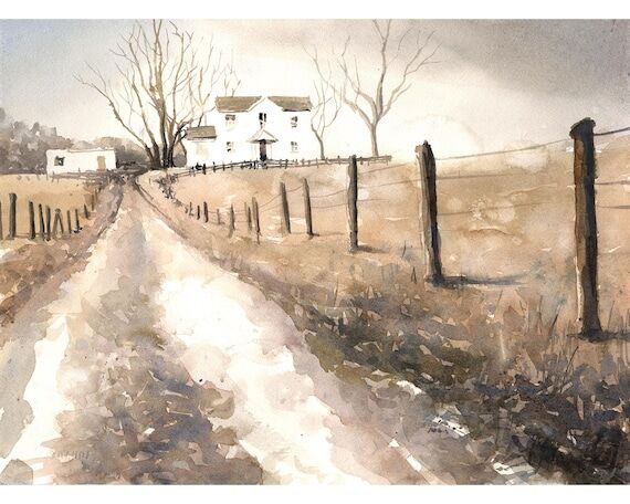 Farmhouse rural watercolor landscape painting...