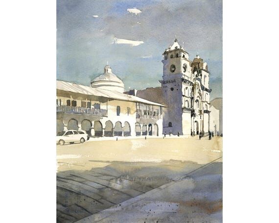 Cusco Cathedral Peru watercolor painting land...