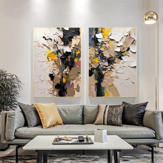 Textured Oil Painting Diptych, Black Cream Ab...