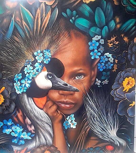 Jungle Child Portrait with Birds and Flowers,...