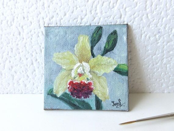 Orchid Flower Tiny Oil Painting on Canvas Mag...