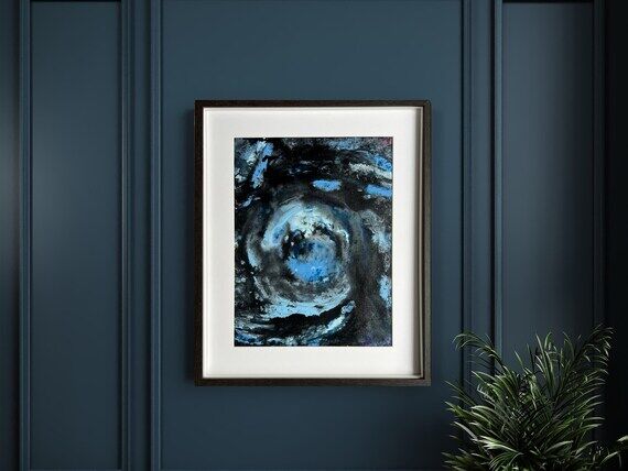 Framed Abstract Painting on Canvas: Blue Text...