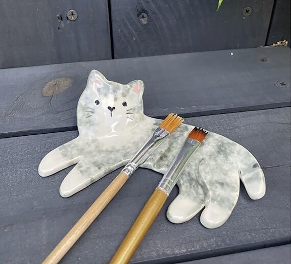 Handmade Ceramic Cat Brush Rest: Reclining Ar...