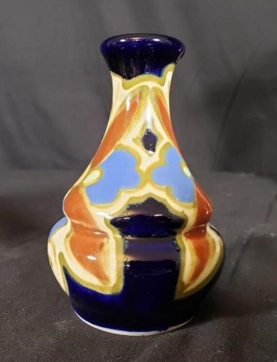 Vintage Gouda Style Lotus Vase: Blue Orange F...