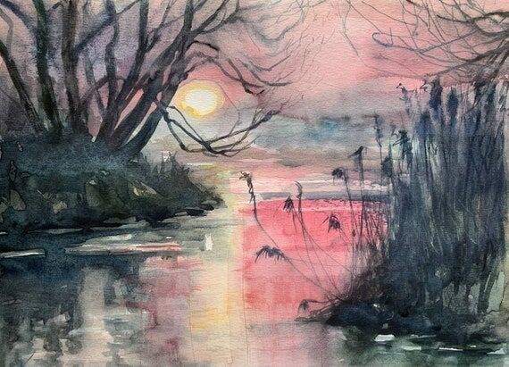 Sunset Painting Pink Landscape Painting Pond ...