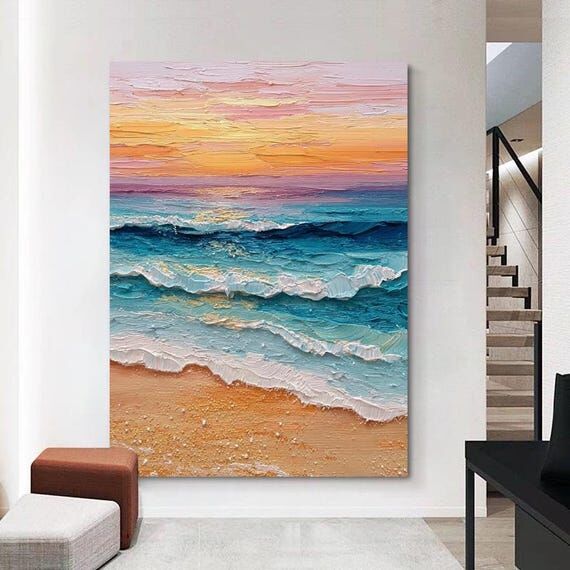 Hand-Painted Abstract Seascape Oil Painting, ...