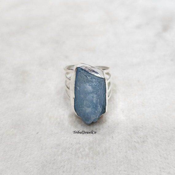 Rough Aquamarine Gemstone Ring, 925 Sterling ...