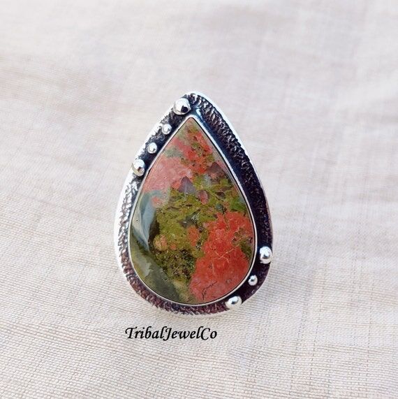 Handmade Unakite Ring: 925 Sterling Silver Ge...