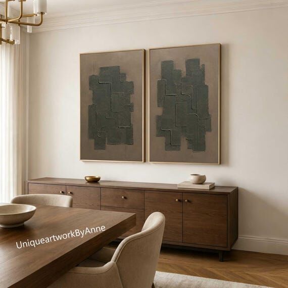 Set of 2 Dark Green Textured Wall Art 3D Geom...
