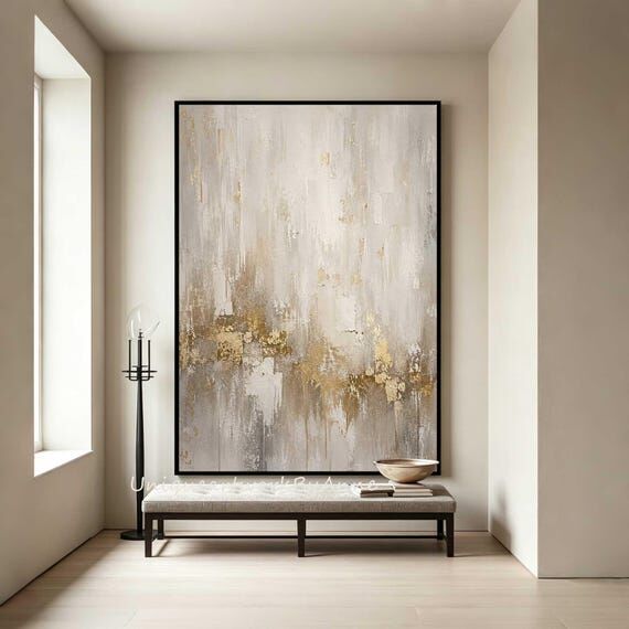 Hand‑Painted Abstract Wall Art, Gold Textur...
