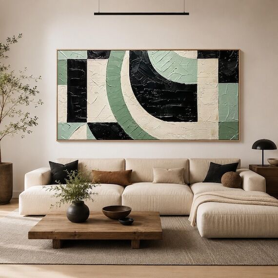 Textured Geometric Abstract Oil Painting, Hea...