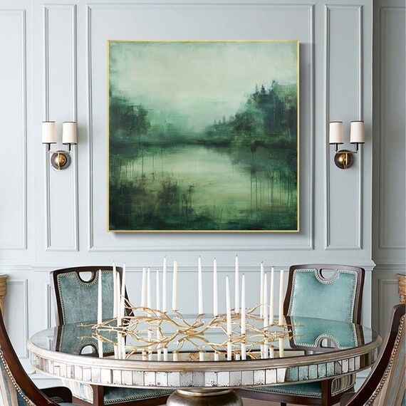 Abstract Green Forest Oil Painting, Large Lak...