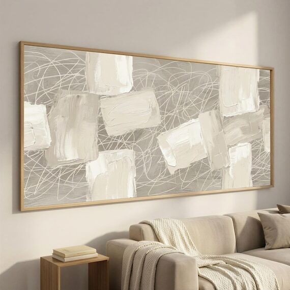 Extra Wide Taupe Canvas Art, Greige Framed Wa...