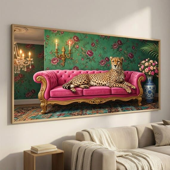Cheetah on Pink Sofa Canvas Wall Art, Surreal...