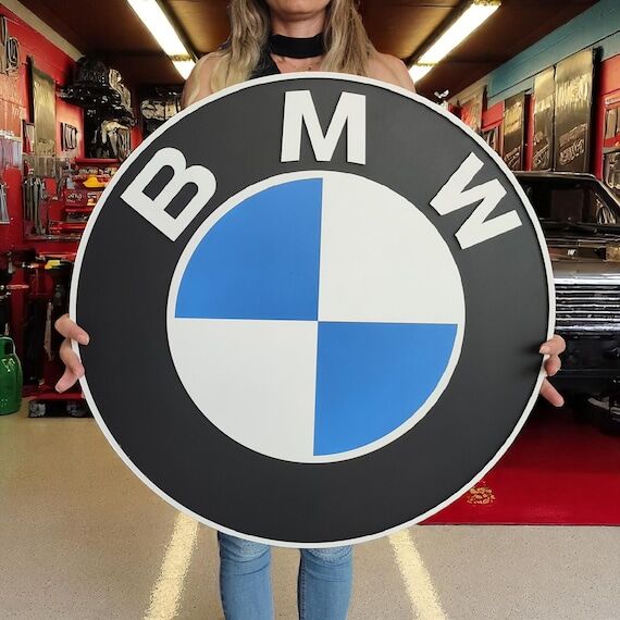 BMW Wood Logo Sign: Vintage Car Emblem, Garag...