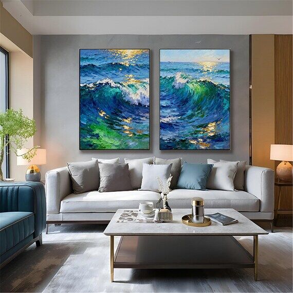 2 sets Textured Abstract Seascape Painting,Oc...