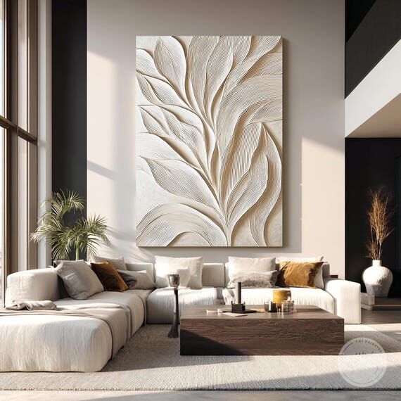 Neutral Botanical Relief Wall Art, Beige Text...
