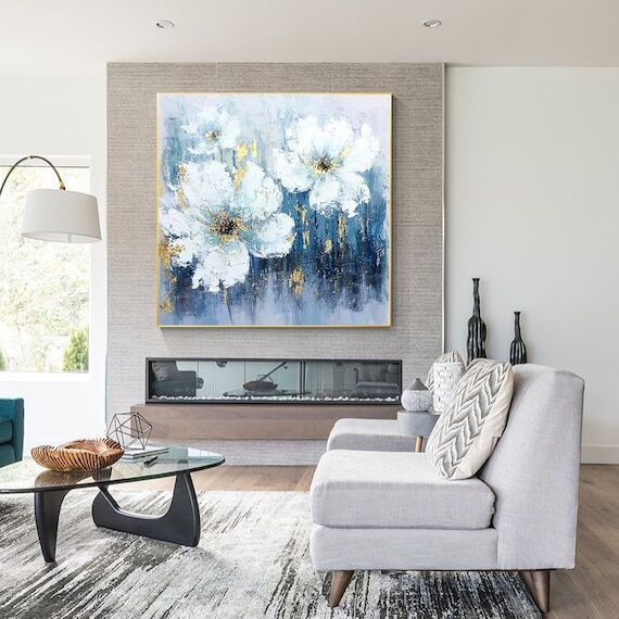 Blue Floral Painting: Abstract Gold Leaf Livi...