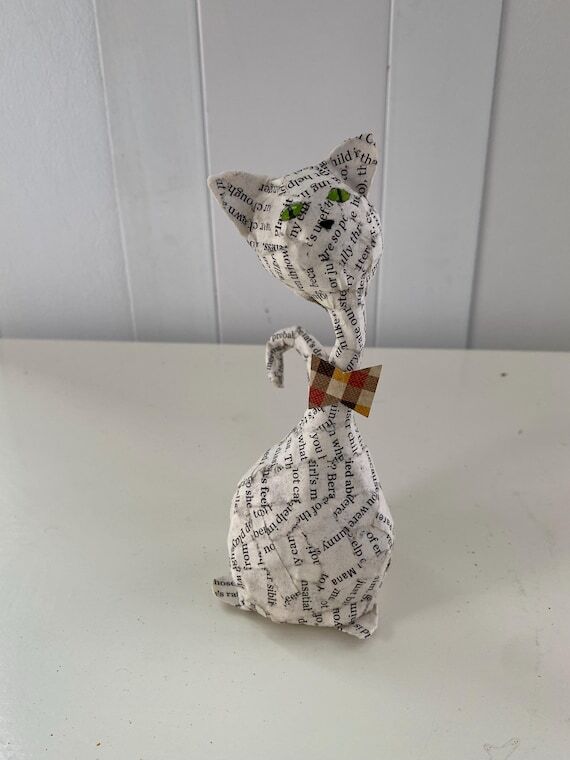 Handmade Paper Mache Cat Figurine, Plaid Bow ...