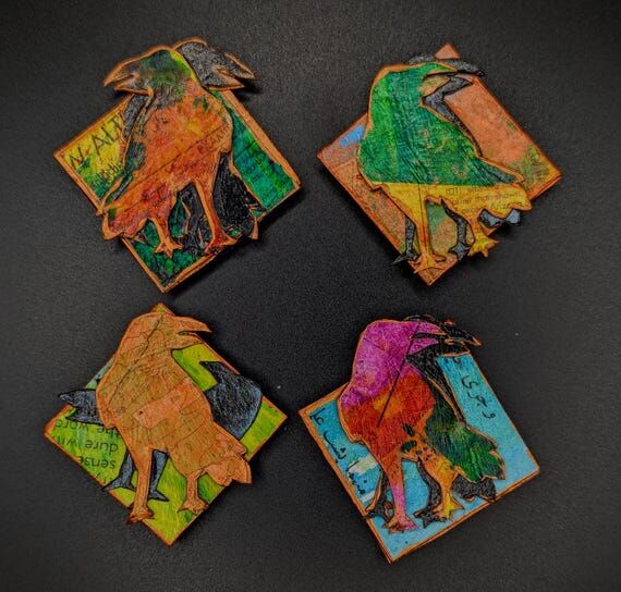 Raven Pin: Handmade Corvid Art; magnetic atta...