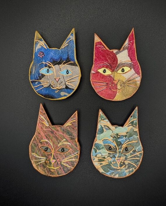 Handmade Recycled Collage Kitty Pin: Weatherp...