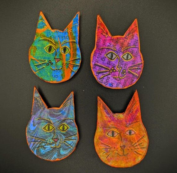 Handmade Kitty Pin: Recycled Collage Art, Col...