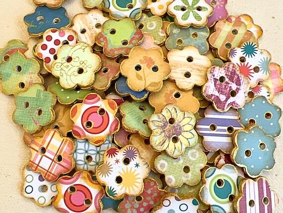 12 Handmade Paper Buttons Flower Shaped 1 Inc...