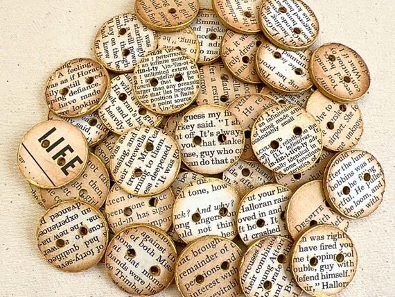9 Handmade Vintage Book Page Paper Buttons 1 ...