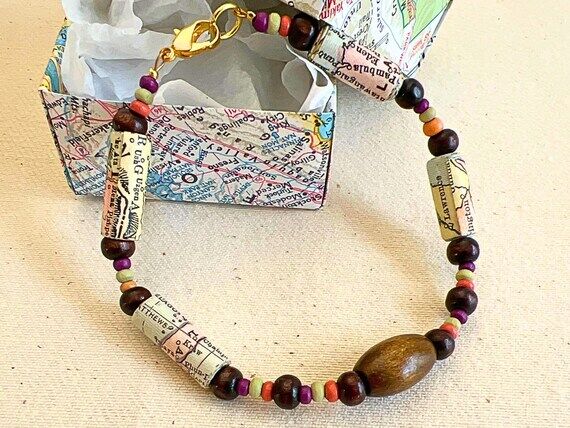 Handmade Paper Bead Bracelet with Vintage Map...