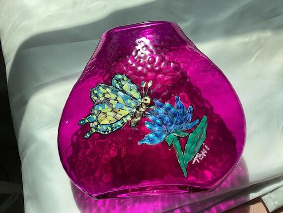 Hand Painted Butterfly Glass Vase, Magenta Te...