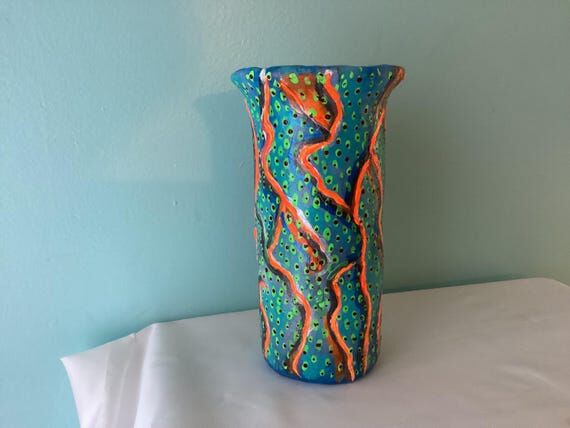 Handmade Paper Mache Vase – Teal Coral Abst...