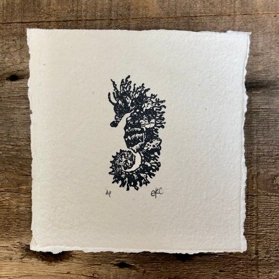 Mini Seahorse Handmade Linoleum Print on Hand...
