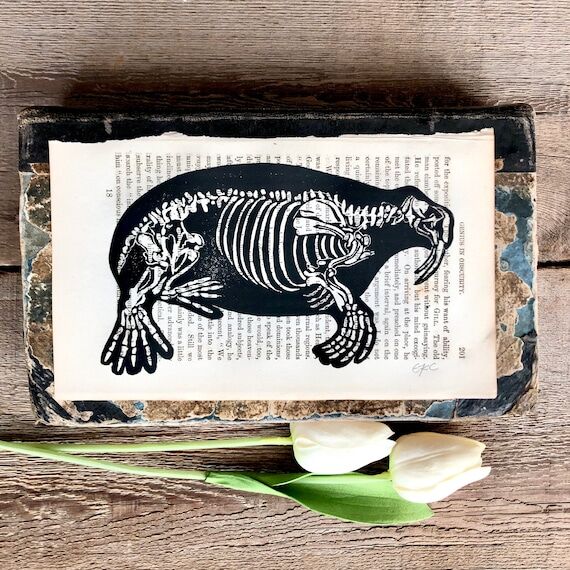 Vintage Inspired Linoleum Handprinted Black I...