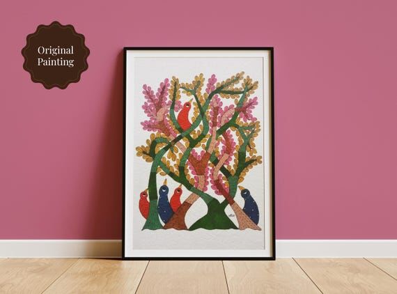 Family of Birds Gond Art Painting, Handmade W...