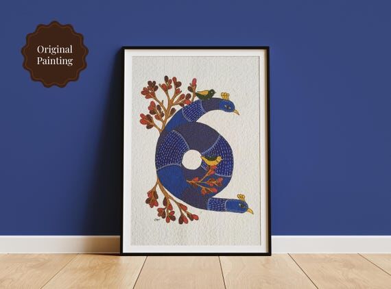 Original Gond Art Painting, Birds in Love, Ha...