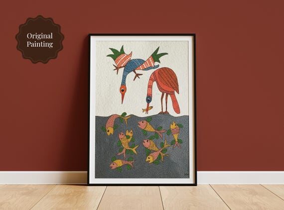 Original Gond Art Painting: Fishing Birds Wat...