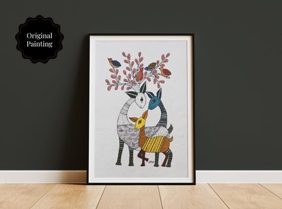 Original Gond Art Painting, Family of Deer, I...
