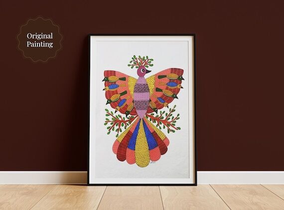 Original Gond Art Painting, Bird of Life, Ind...