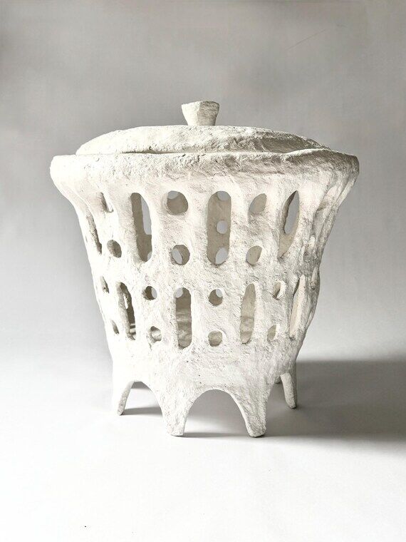 Handmade Paper Mache Basket with Lid: Sculpte...