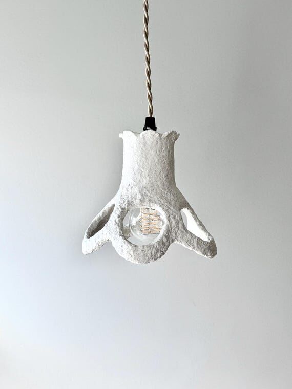 Handmade small paper mache white pendant ligh...