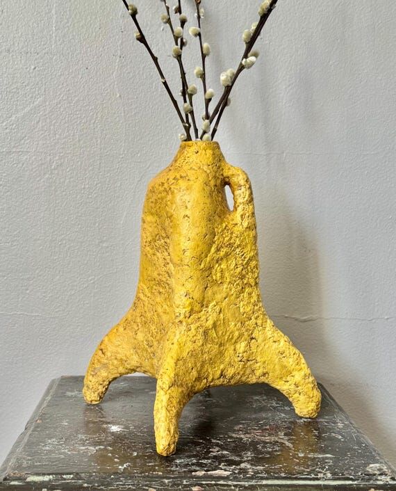 Handmade Paper Mache Vase: Yellow Ochre Boho ...