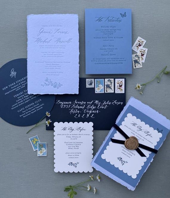 Blue handmade paper wedding invitations | Dec...